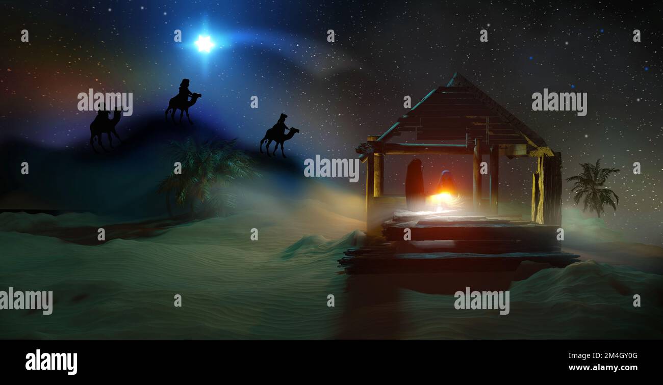 Nativity Scene in Bethlehem with Baby Jesus in manger, Virgin Mary