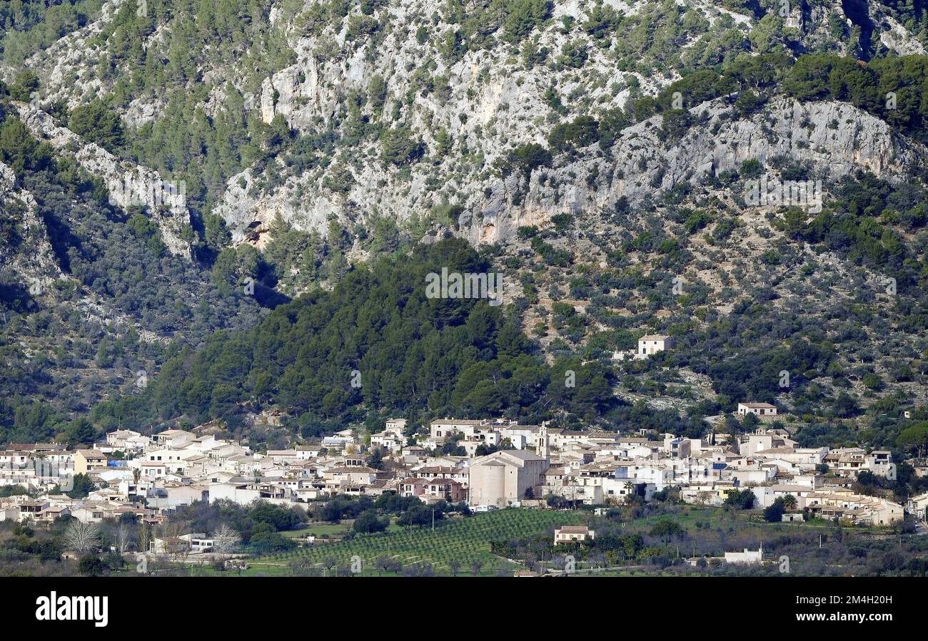 View of the village of Caimari, in Mallorca, at the foot of the Serra de Tramuntana. Stock Photo