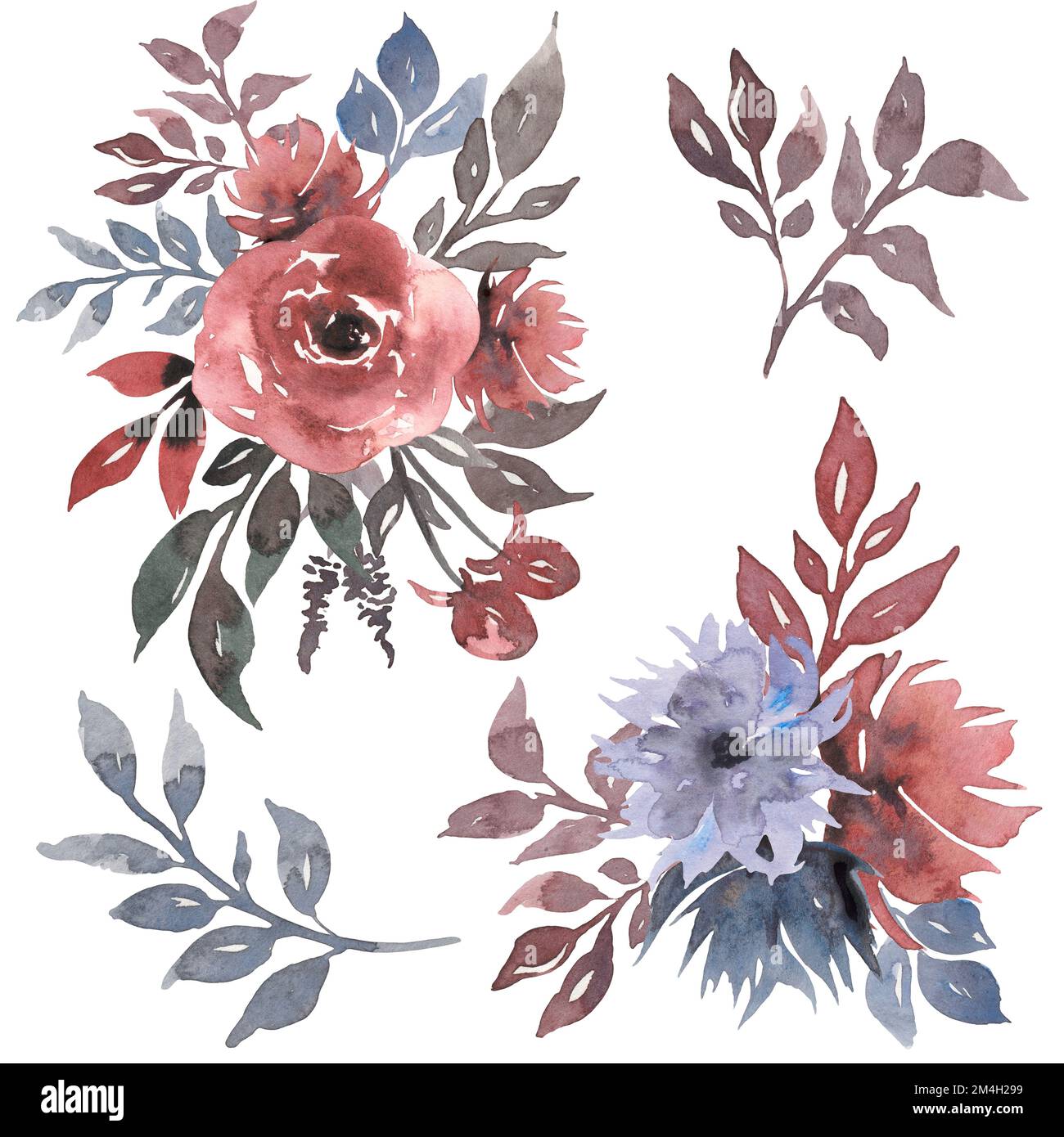 Watercolor floral bouquet illustration with gray pink and navy blue