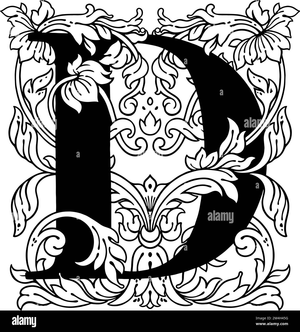 letter D flower ornament Monogram alphabet. Beautiful floral capital