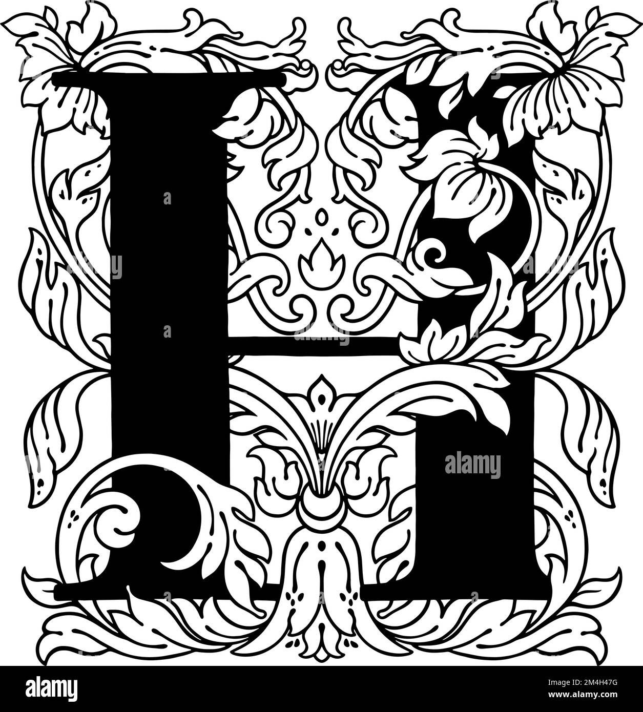 letter H flower ornament Monogram alphabet. Beautiful floral capital