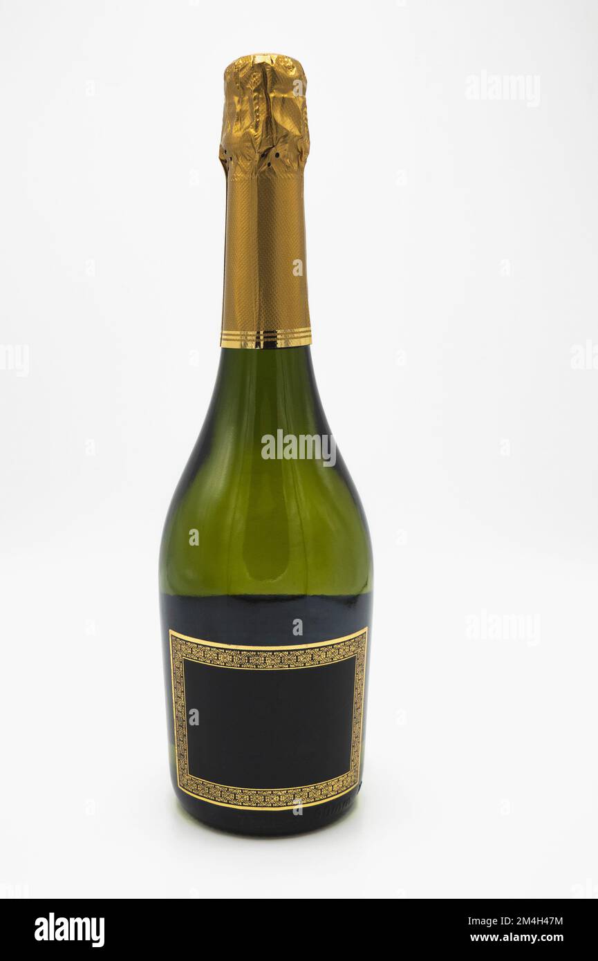 A bottle of sparkling wine with space for your own text on the label on a white background Stock Photo