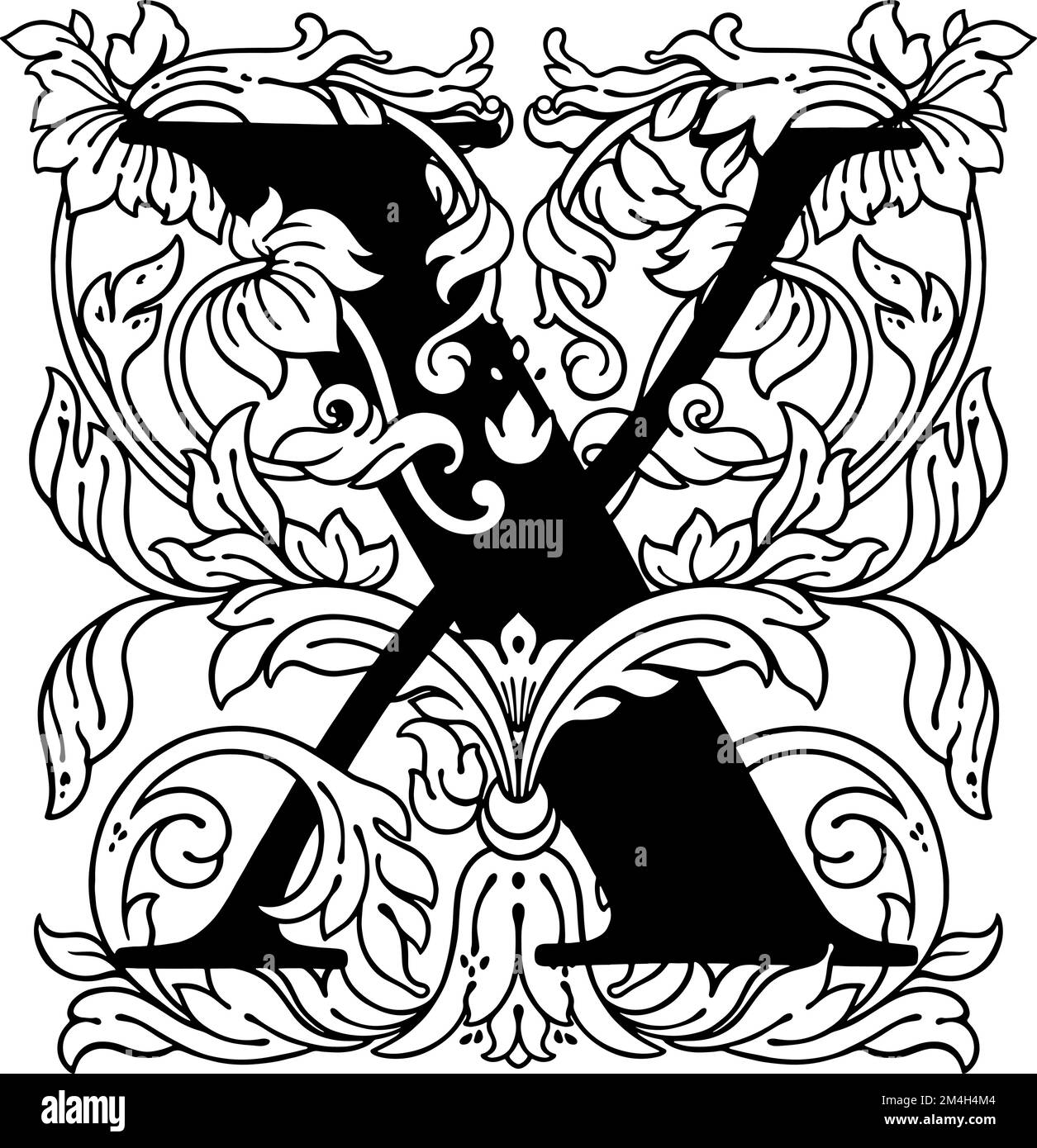 letter X flower ornament Monogram alphabet. Beautiful floral capital letters vector logo Stock