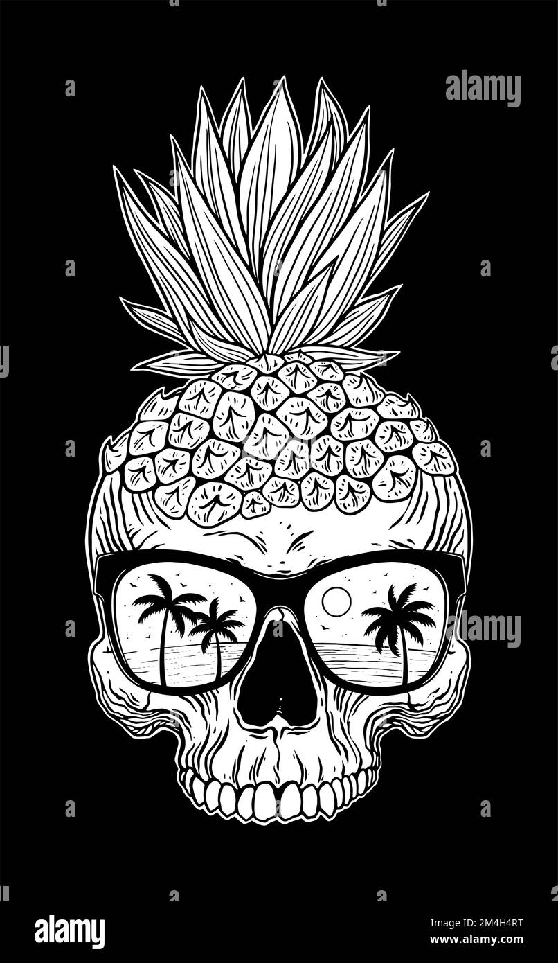 Pineapple skull head with sunglasses tropical style vector illustration