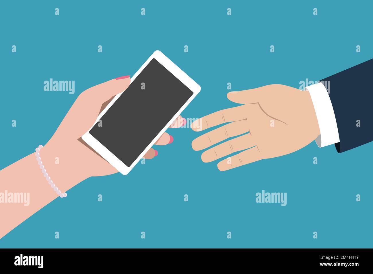 Woman hand over smartphone to man. Vector illustration Stock Vector