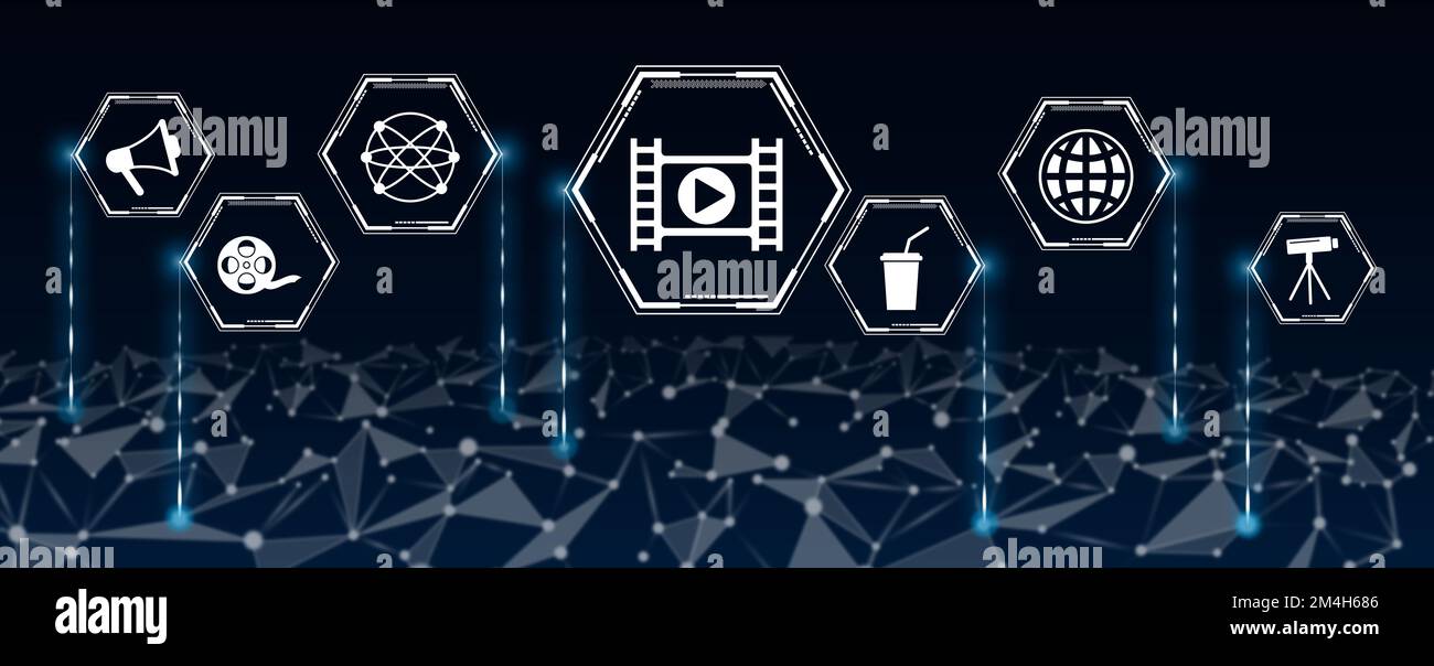 Concept of cinema with icons in hexagons connected to abstract network ...
