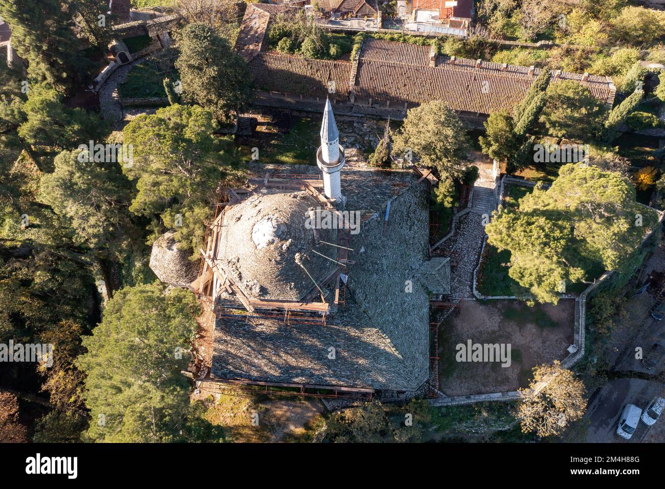 Greece, Ioannina Aerial drone view of Giannena Ali Pasha mosque and minaret, top down. Stock Photo