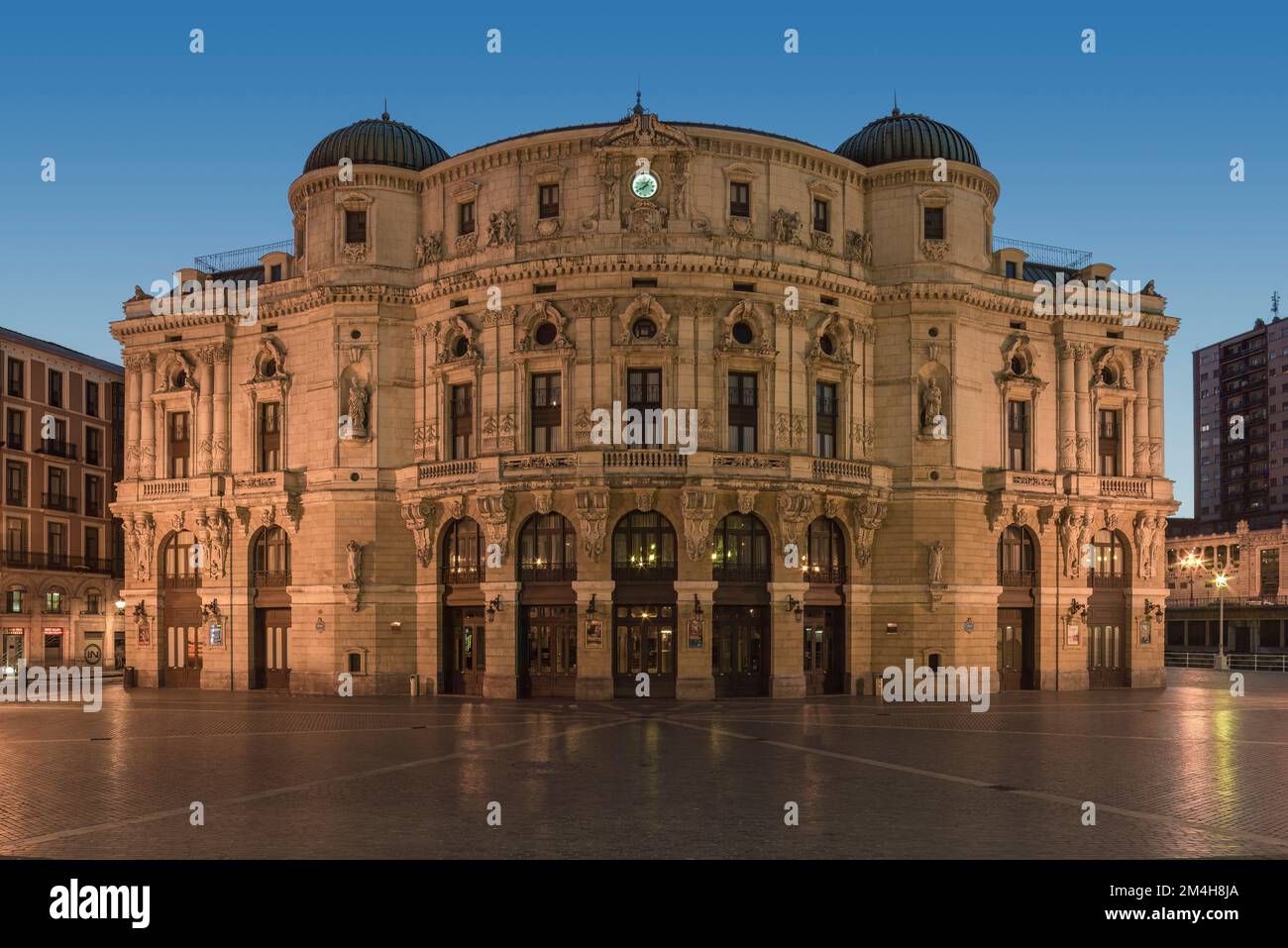 Facade at night time with the lights on of the Arriaga Theater in the city of Bilbao, Basque Country, Spain, Europe Stock Photo