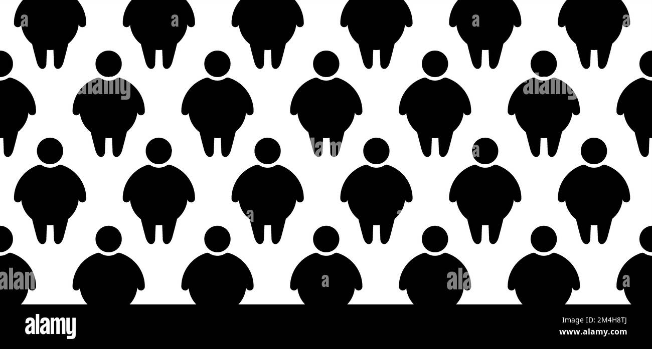 Cartoon world obesity day or celebration. Obese people on unhealthy with BMI, overweight, obesity problem. Fat, calories man or woman. Body mass index Stock Photo