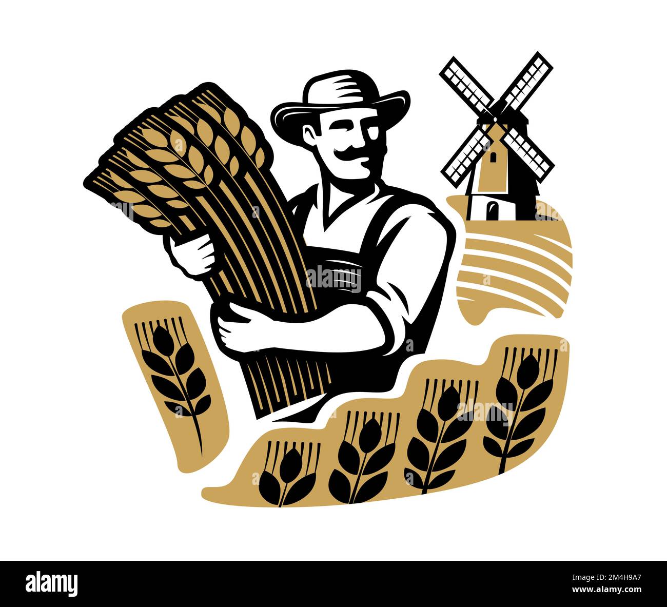 Farmer with wheat and agricultural fields, windmill. Organic farm food
