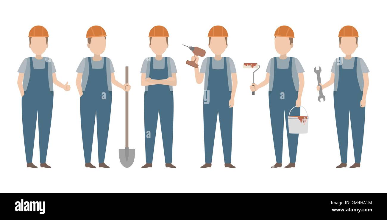 Worker in orange hard hat standing in diverse poses. Vector. Stock Vector