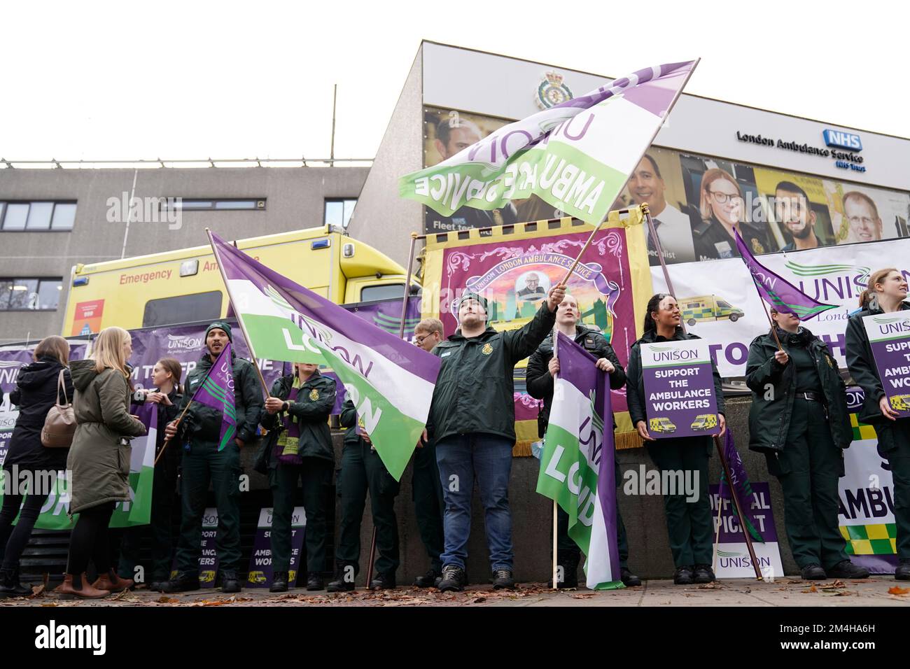 Ambulance workers on the picket line outside Waterloo ambulance station