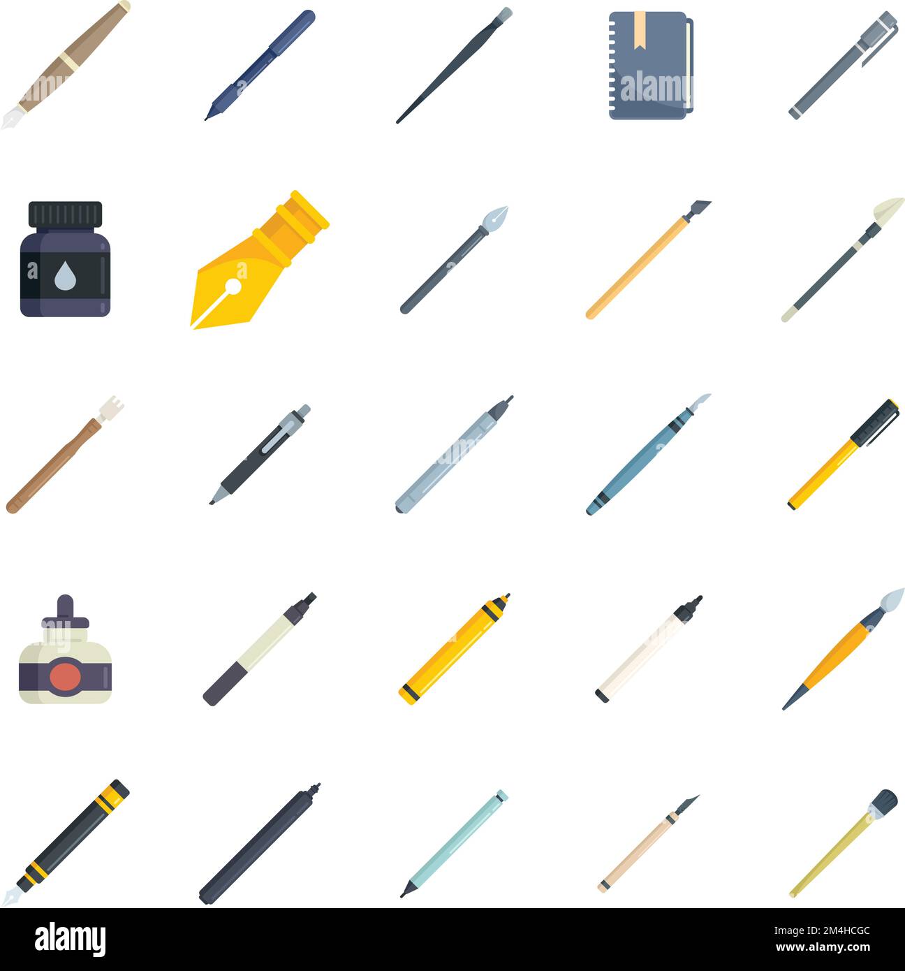 Calligraphy tools icons set flat vector. Paint nib. Lettering kit