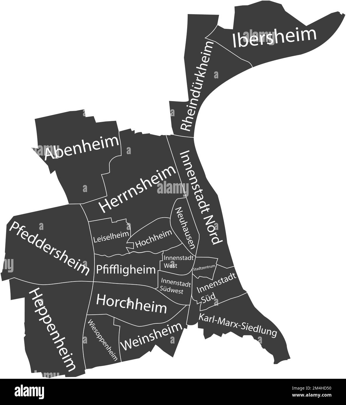 Dark gray tagged quarters map of WORMS, GERMANY Stock Vector Image
