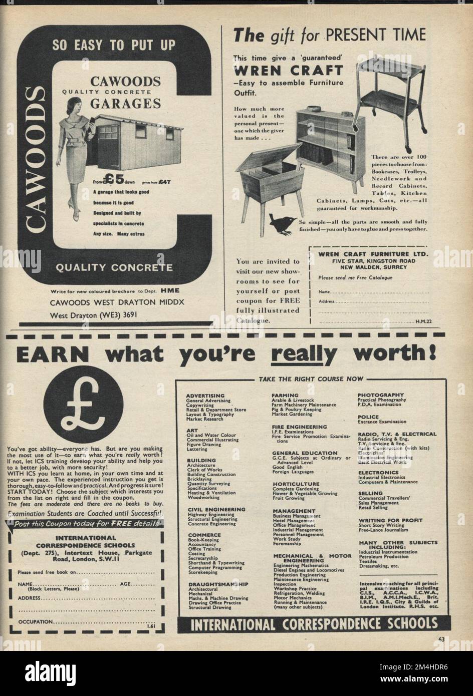 Advert in Homemaker magazine early 1960's for Cawood garages, Wren furniture and correspondence school. Suitable 1960's background for copy Stock Photo