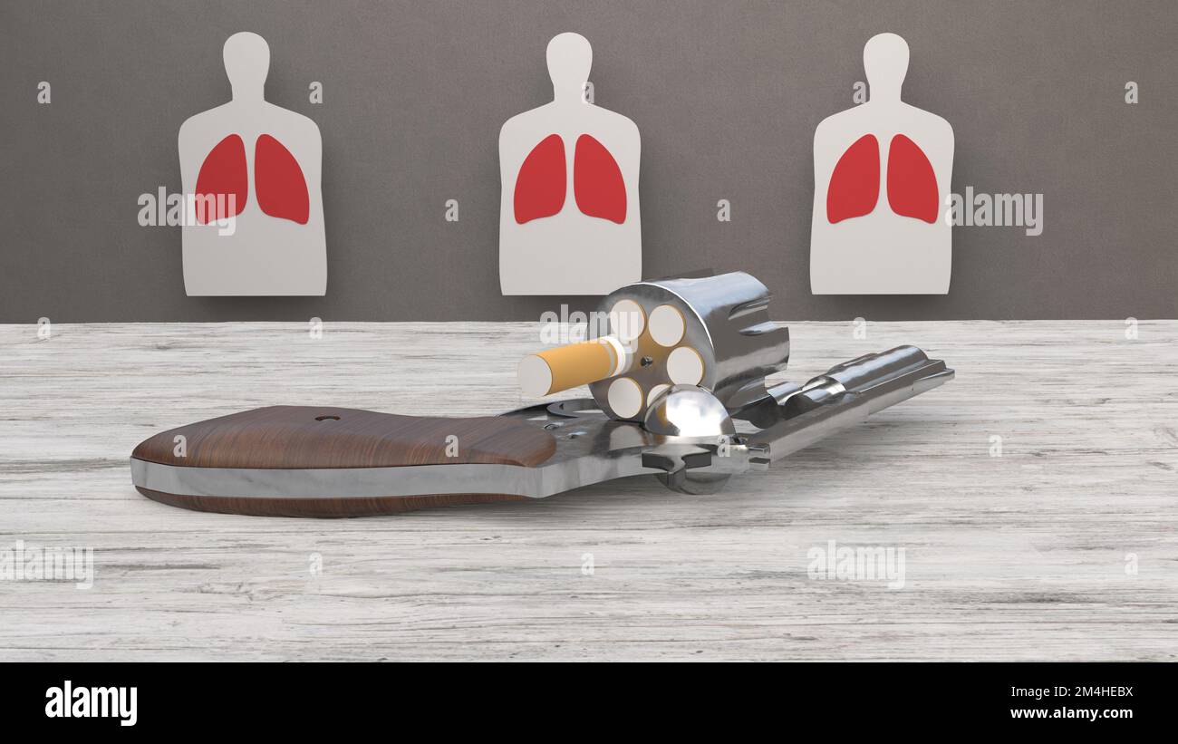3D render - a chrome revolver lies on a table with a drum loaded with cigarettes. In the background are targets with the image of the lungs Stock Photo
