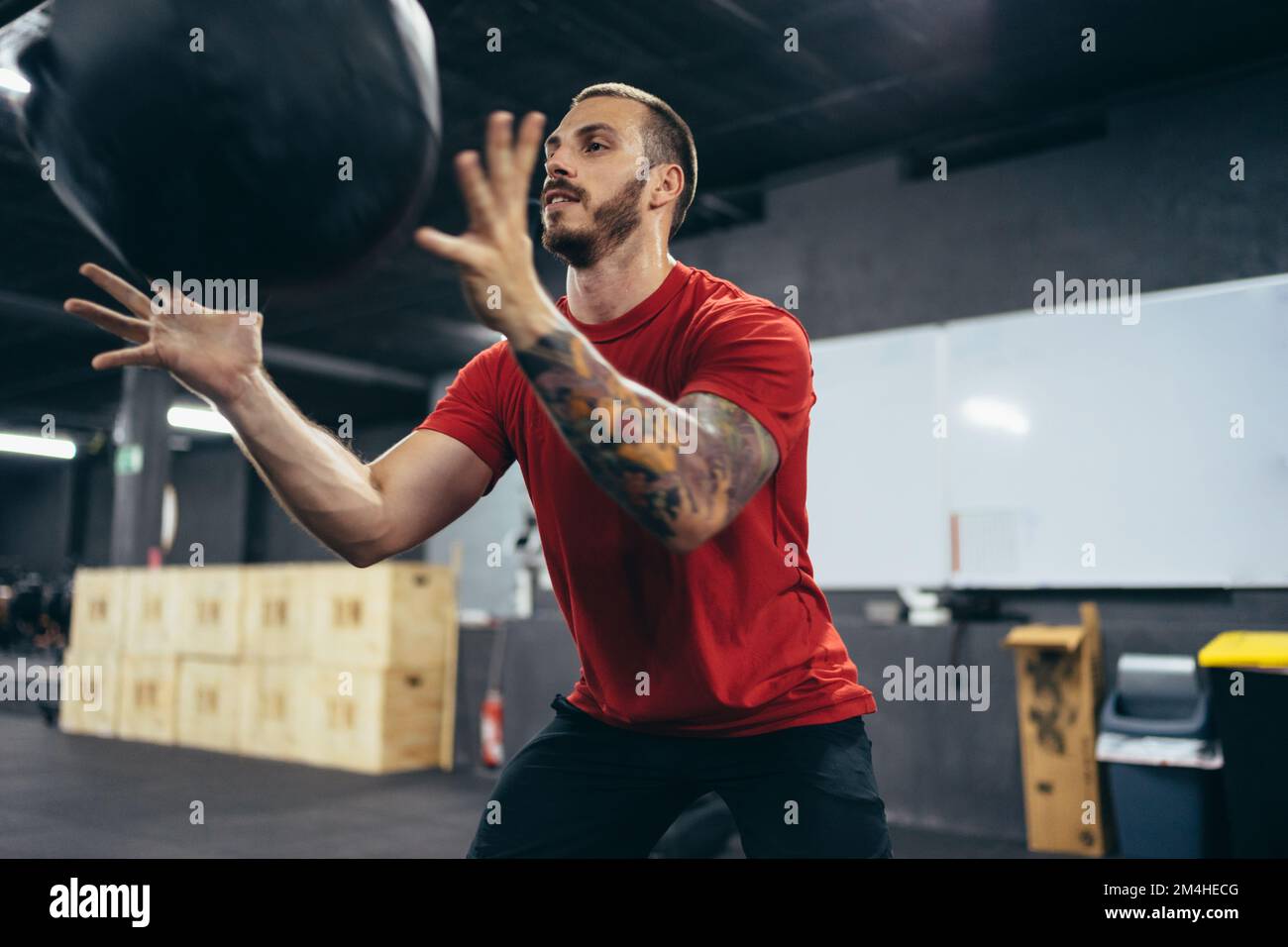 Man throwing a weighted ball in a gym Stock Photo Alamy