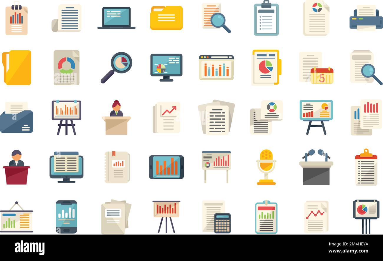 Report icons set flat vector. Performance chart. Data document isolated ...