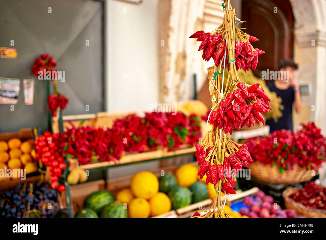 Salento. Apulia Puglia Italy. Gallipoli. Dried red chili and fruit Stock Photo