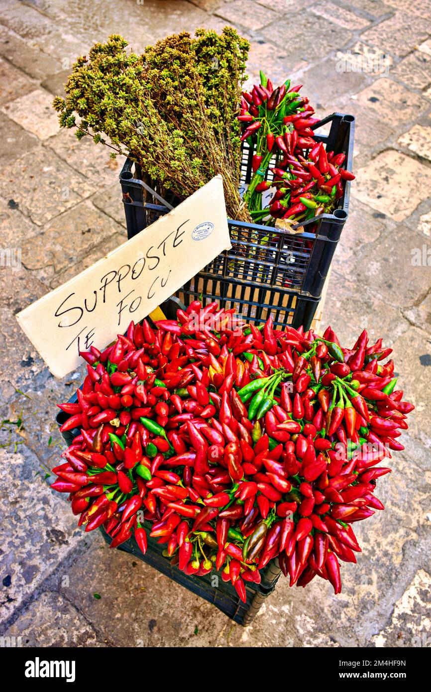 Salento. Apulia Puglia Italy. Gallipoli. Dried red chili Stock Photo