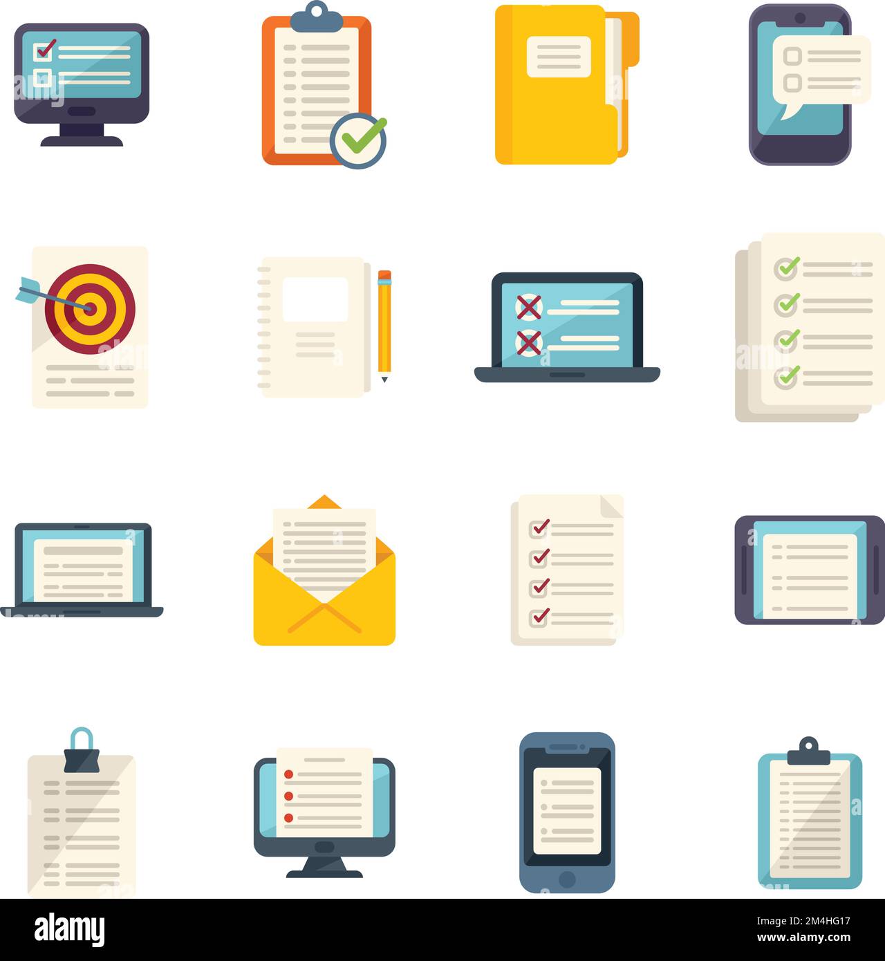 Assignment icons set flat vector. Fast exam. Business agenda isolated Stock Vector