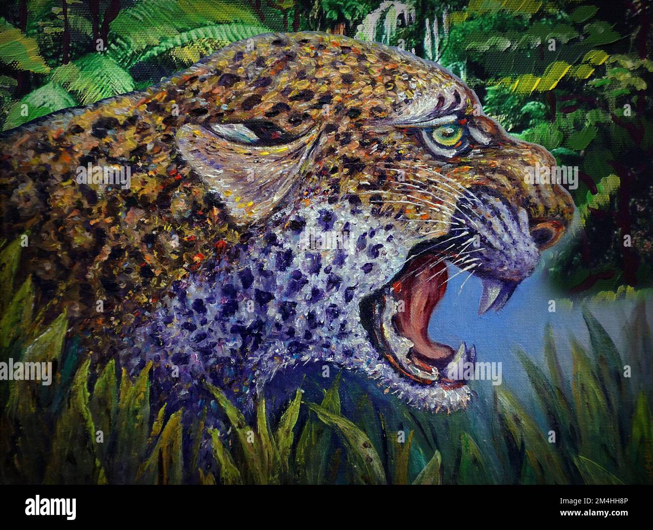 oil painting Tiger yawning in the rainforest , ferocious , wild animals Stock Photo
