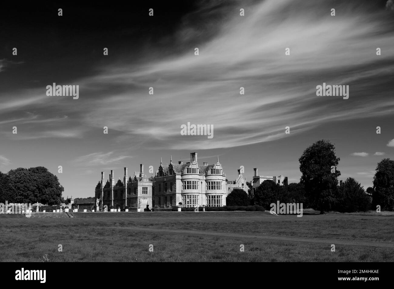 Summer view of Kirby Hall, an Elizabethan country house, near Gretton
