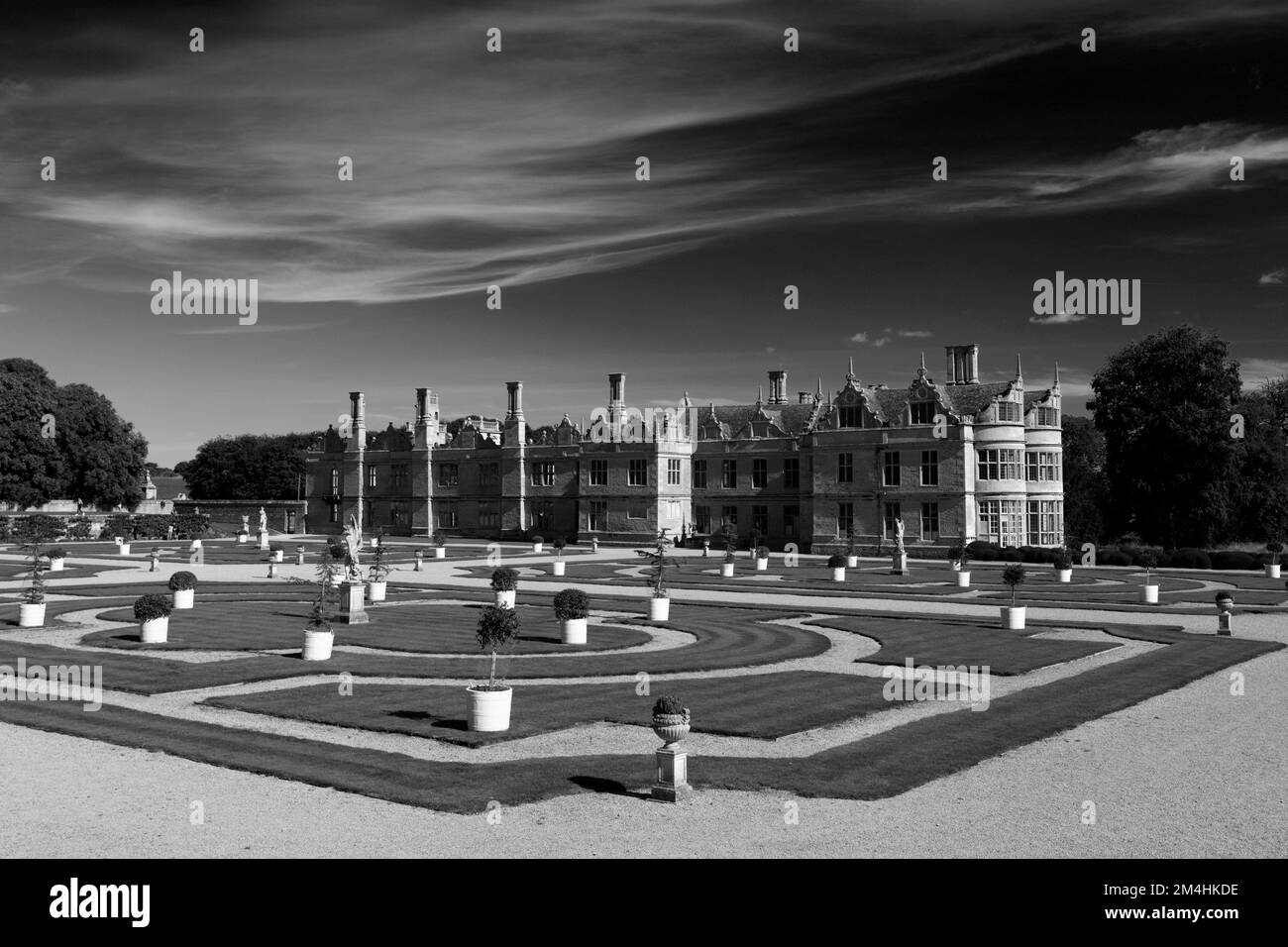 Summer view of Kirby Hall, an Elizabethan country house, near Gretton