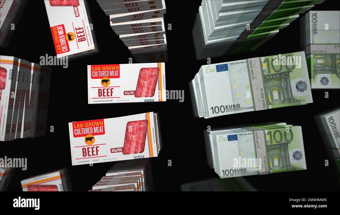 Cultured meat lab-grown box and Euro money bundle stacks. Synthetic beef from biotech science industry. Abstract concept 3d illustration. Stock Photo