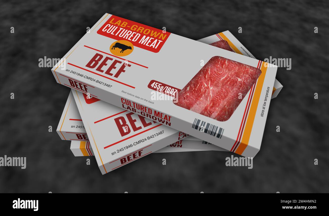 Cultured meat labgrown box production line. Synthetic beef from