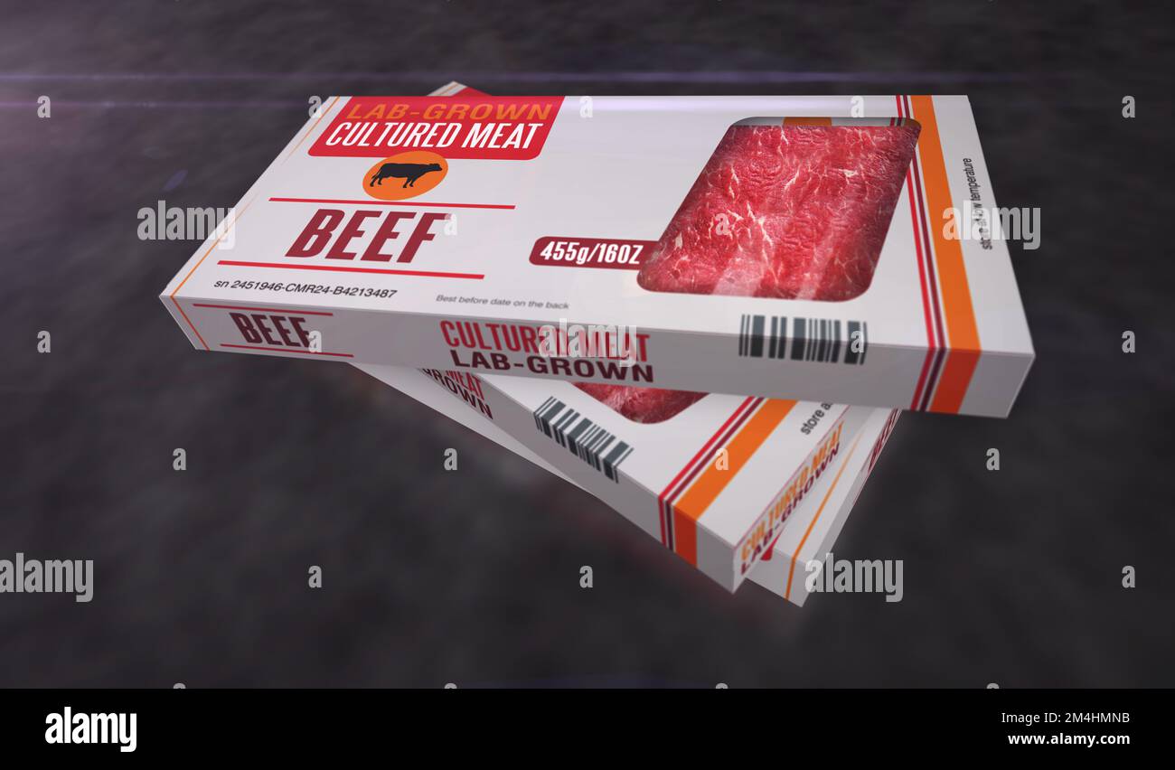 Cultured meat labgrown box production line. Synthetic beef from
