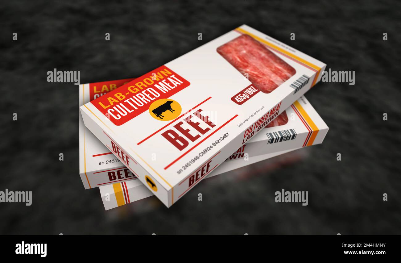 Cultured meat lab-grown box production line. Synthetic beef from biotech science pack factory. Abstract concept 3d rendering illustration. Stock Photo