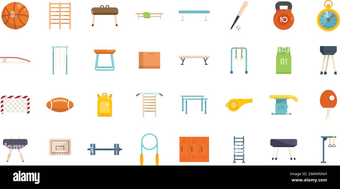 School gym icons set flat vector. Club equipment. Room bag isolated