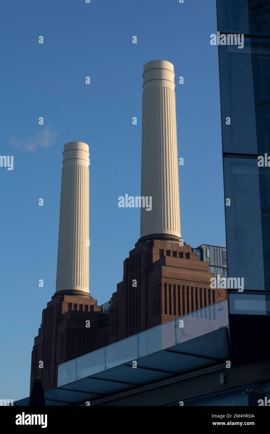 The towers of Battersea Power Station with new build office block, Nine