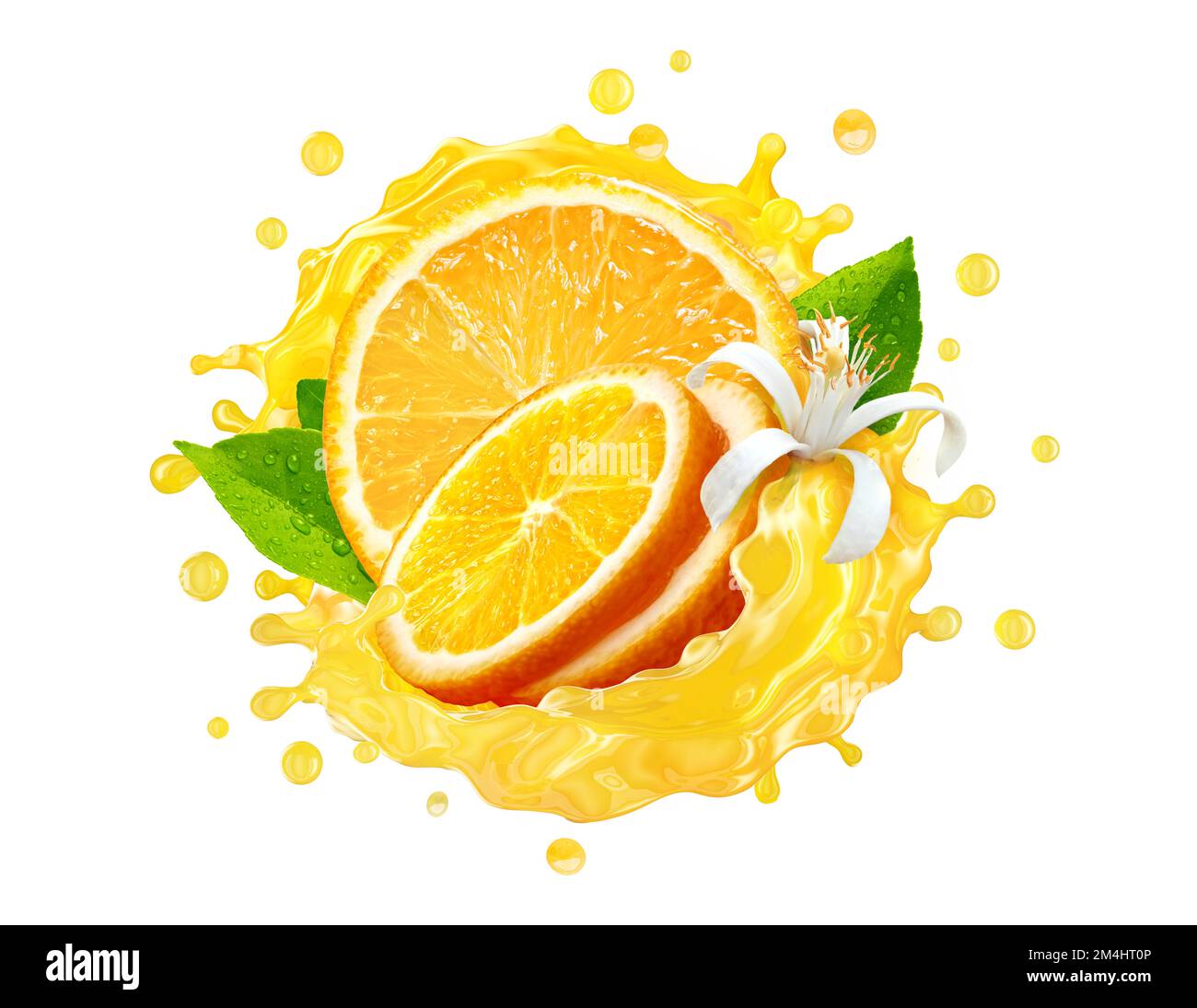 Fresh ripe orange, orange slices and juice or smoothie splash spiral. Tasty juice splashing, orange juice isolated.Healthy drink tropical fruit label Stock Photo