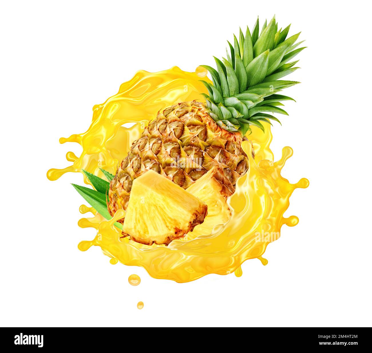 Fresh ripe pineapple, slice and pineapple juice splash wave. Healthy food or tropical fruit drink liquid ad label design, smoothie splash isolated Stock Photo