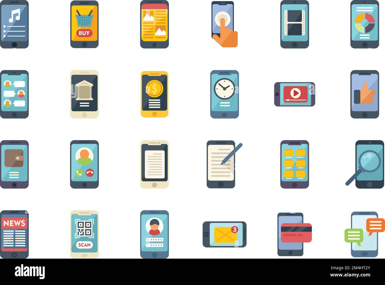Using smartphone icons set flat vector. App addiction. Audio phone ...