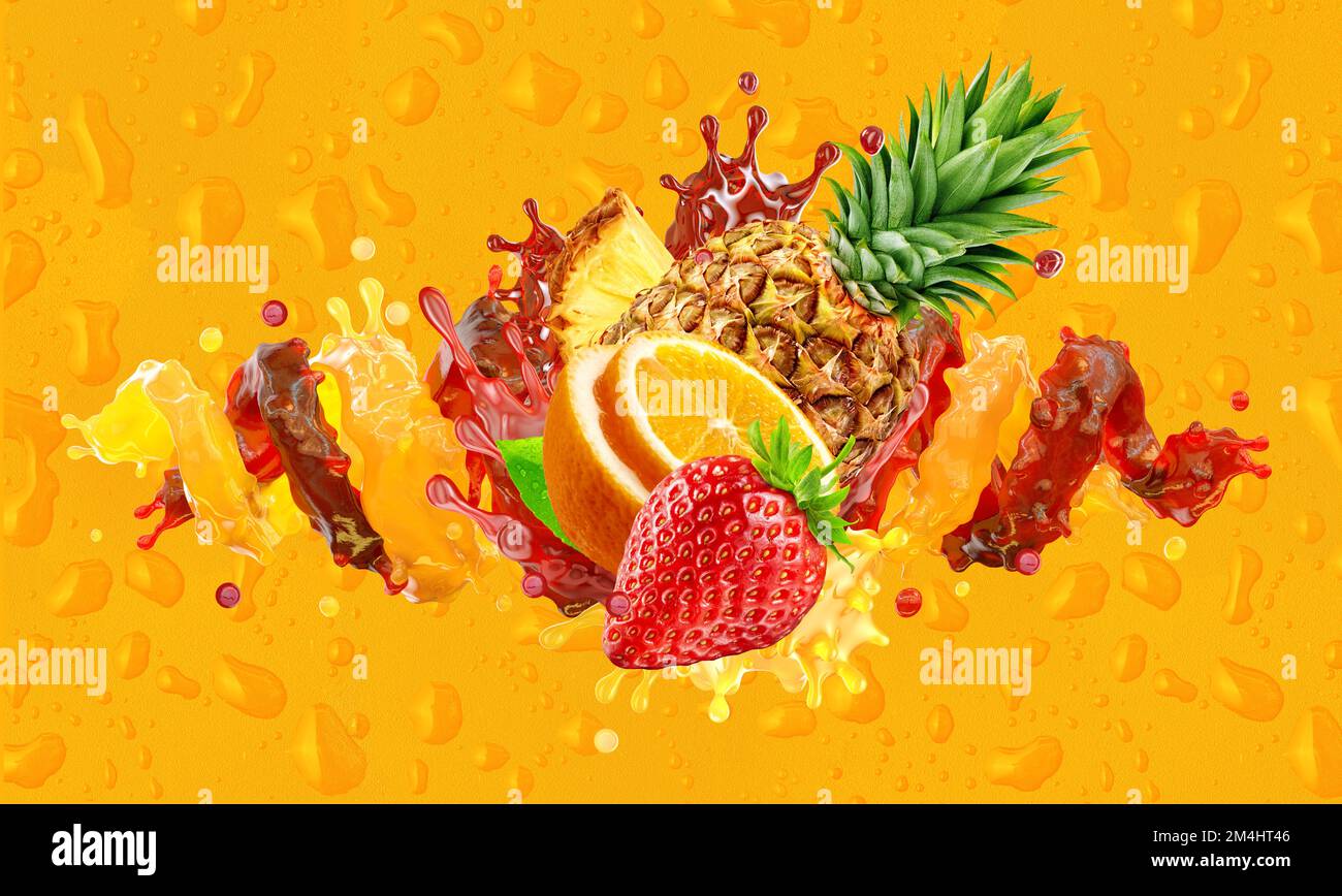 Healthy orange, strawberry, pineapple fruit juices liquid splashes. Fruits juice splashing together - orange, pineapple, strawberry juice, ad label Stock Photo
