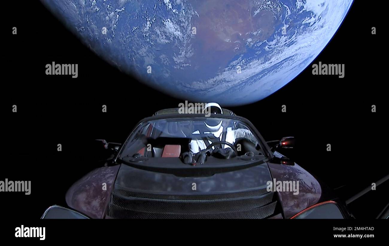 EARTH - 08 February 2018 - This bizarre image shows a publicity stunt from SpaceX when it tested it's Falcon Heavy rocket by launching a Tesla car wit Stock Photo