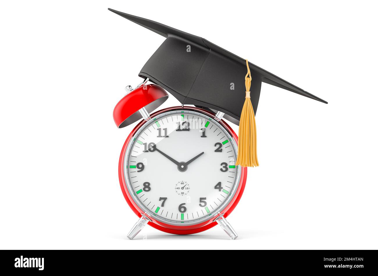 Alarm clock with graduation cap. 3D rendering isolated on white