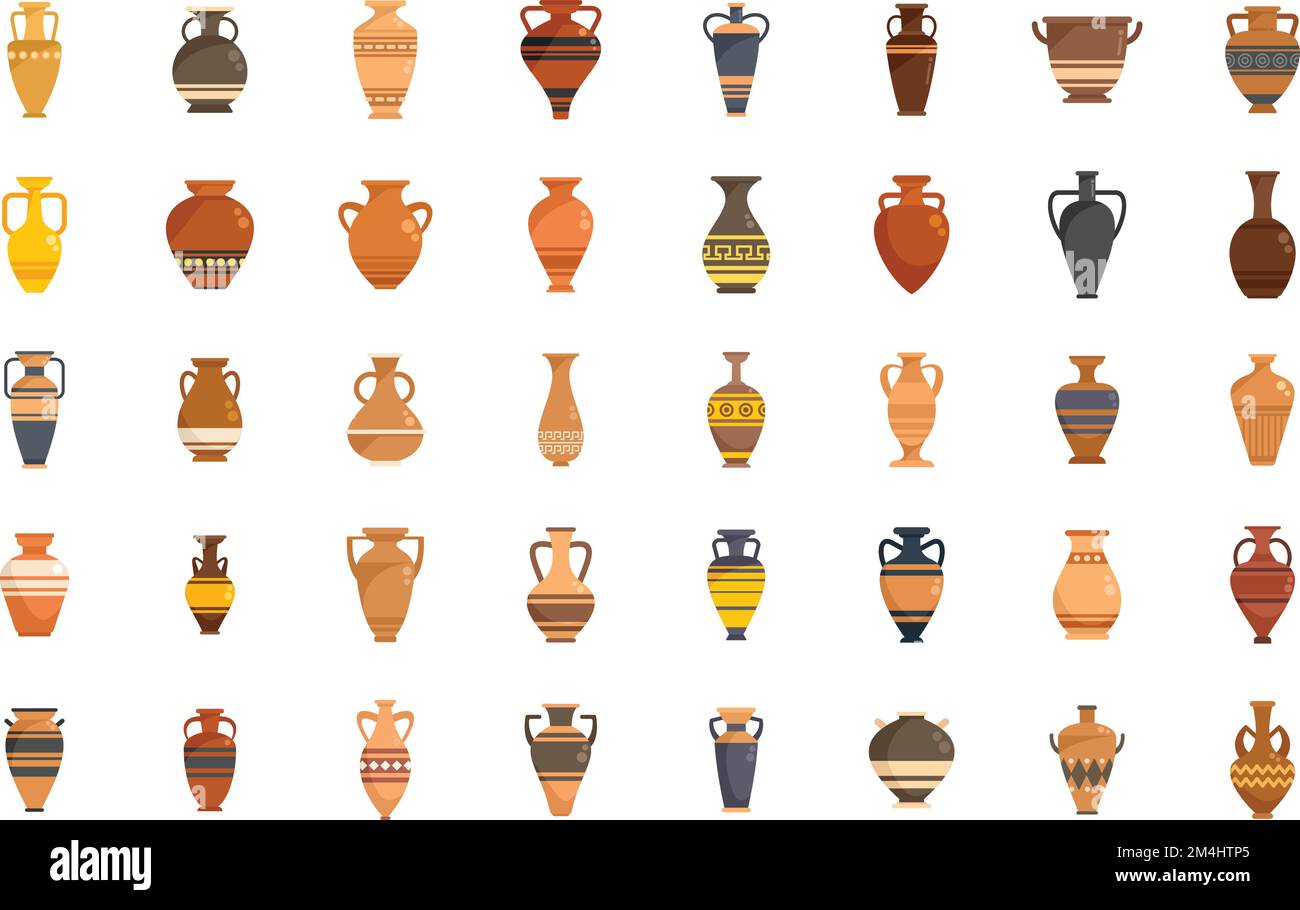 Amphora icons set flat vector. Vase pottery. Greek jar isolated Stock Vector