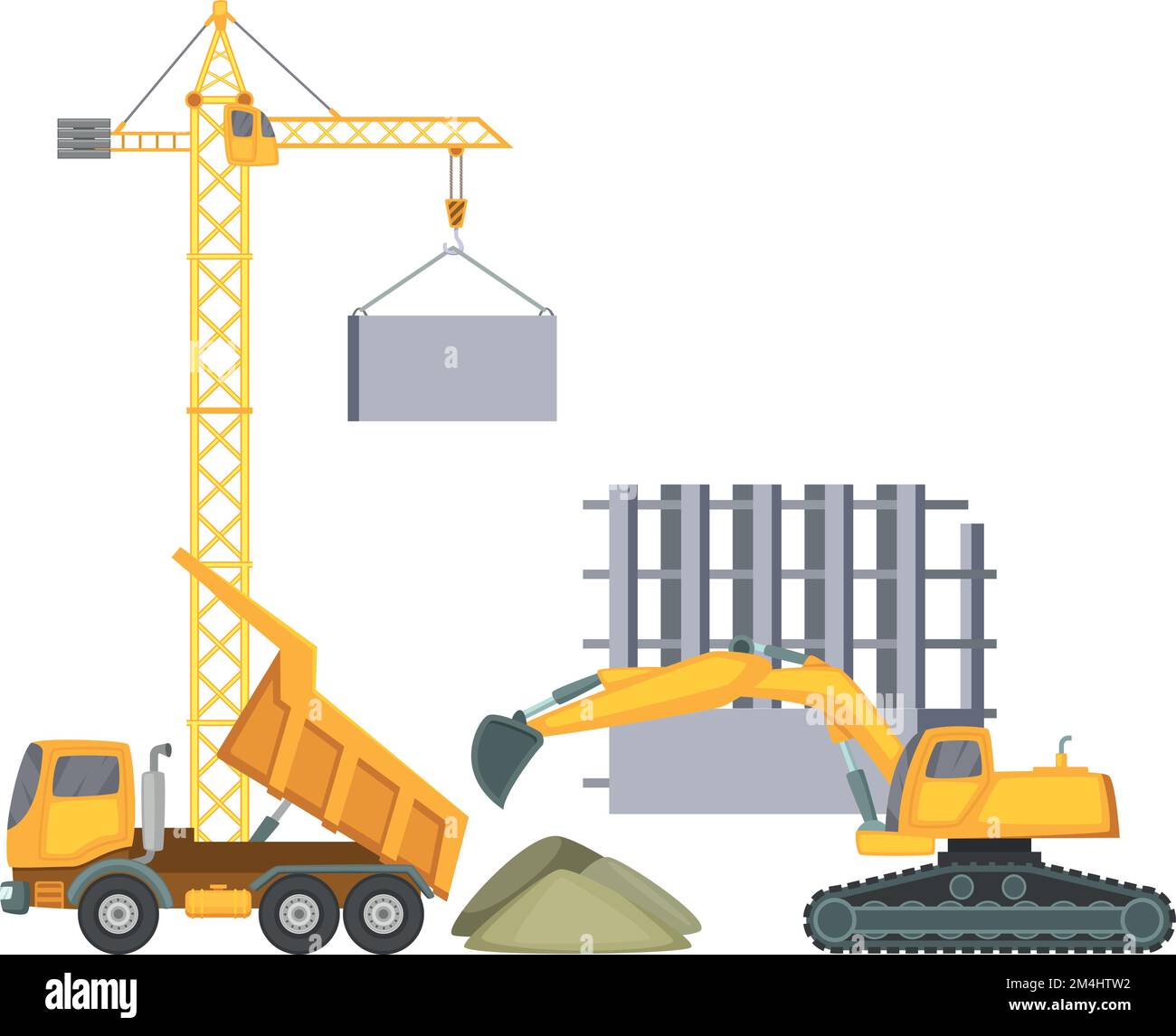 Construction site scene with heavy machines. Building work Stock Vector