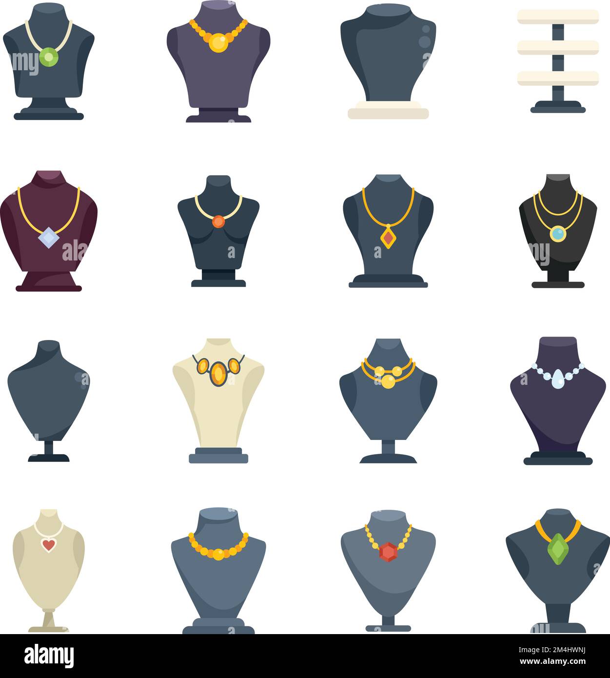 Jewelry dummy icons set flat vector. Bust chain. Diamond fashion isolated Stock Vector