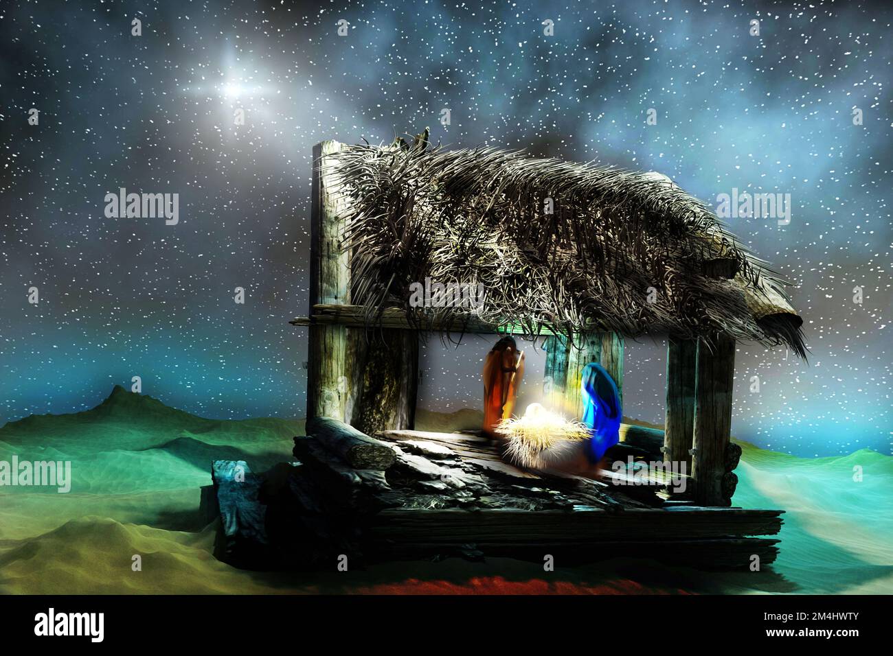 Nativity Scene in Bethlehem with Baby Jesus in manger, Virgin Mary and