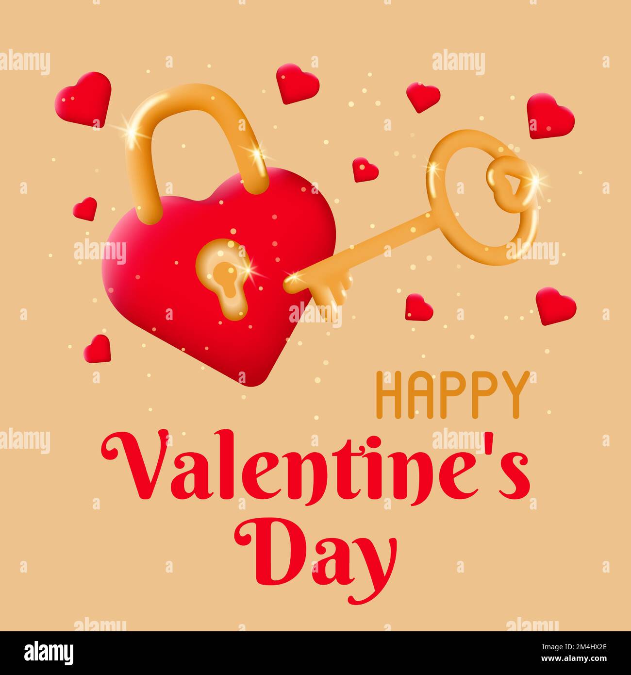 Postcard with red heart shaped lock and golden shiny key. Valentine card with romantic love symbols. The concept of celebrating Valentine's Day and Stock Vector
