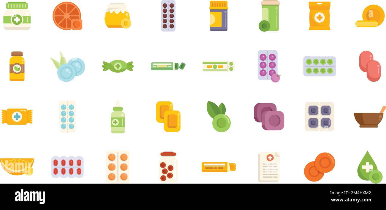 Cough drops icons set flat vector. Pill medicine. Drugs disease isolated Stock Vector