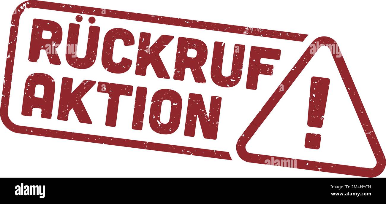 grungy red rubber stamp with text RUCKRUFAKTION, German for product recall, and warning sign, vector illustration Stock Vector