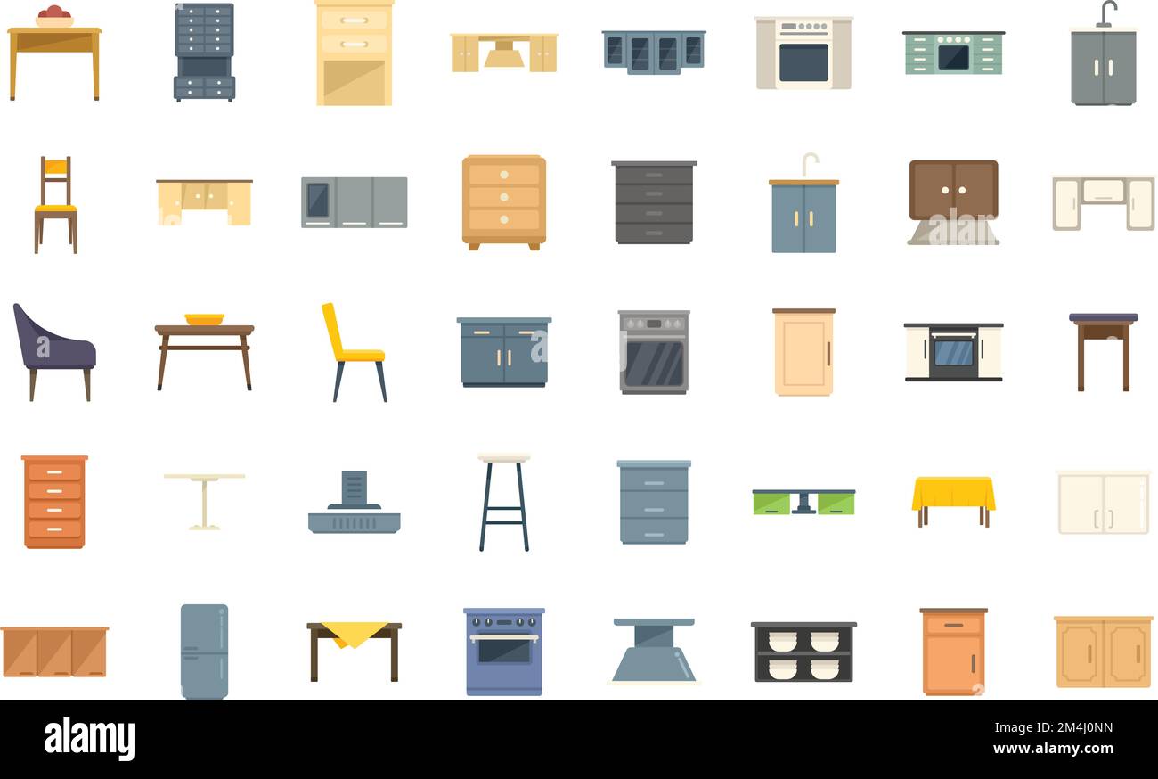 Kitchen furniture icons set flat vector. Apartment comfort. Fridge ...