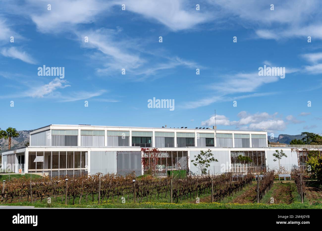 Palma de Mallorca, Spain; december 15 2022: Research center with a vineyard cultivation and a metal greenhouse at the University of the -balearic Isla Stock Photo