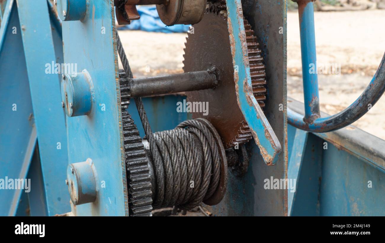 Flywheel and steel cable, ferry mechanism Stock Photo